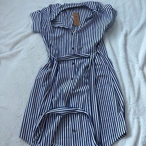 Blue and white striped button down dress